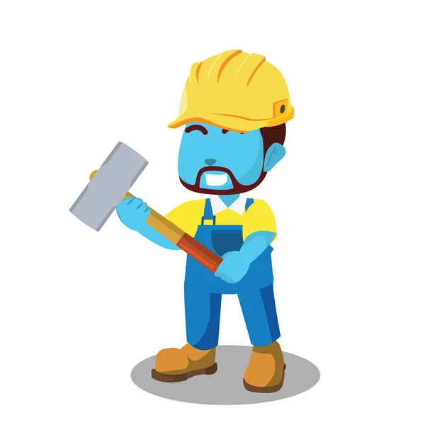 Blue Builder Holding Hammer — Stock Vector
