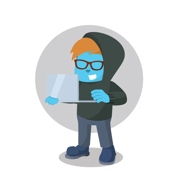 Blauer Hacker Mit Laptop Illustration — Stockvektor