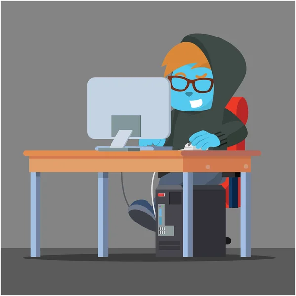 Blauer Hacker Arbeitet Seinem Schreibtisch — Stockvektor