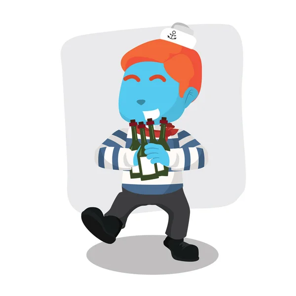 Marinero Azul Sosteniendo Muchas Cervezas — Vector de stock