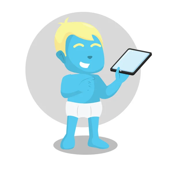 Menino Azul Segurando Tablet — Vetor de Stock