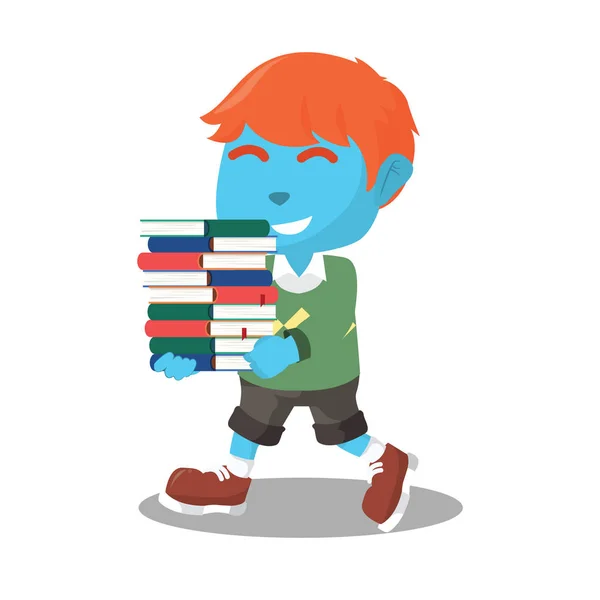 Blauwe Jongen Die Veel Boeken — Stockvector