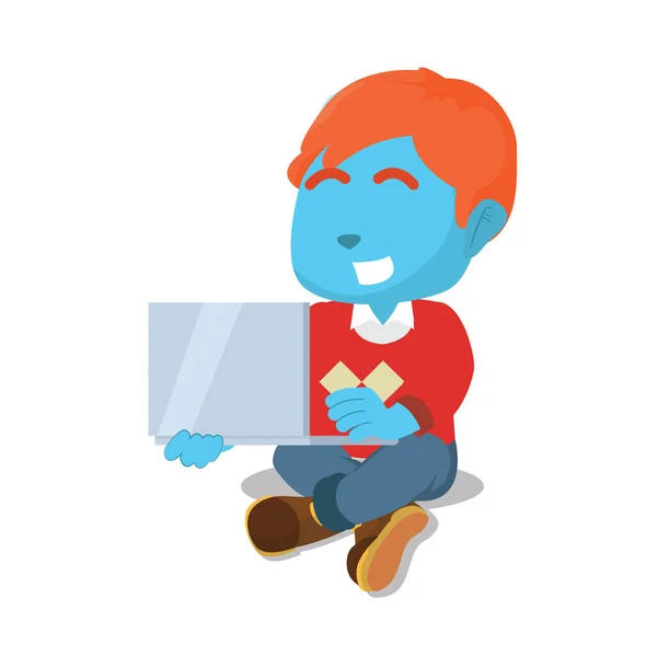 Синій Хлопчик Навчається Ноутбуком — стоковий вектор