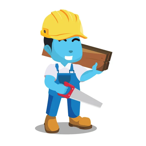 Blue Handyman Holding Wooden Hacksaw — Stock Vector