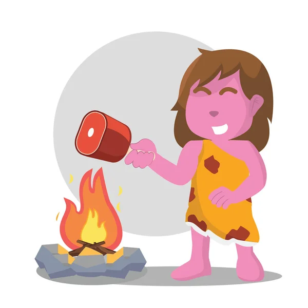 粉红色洞穴妇女在火上烹调肉 — 图库矢量图片