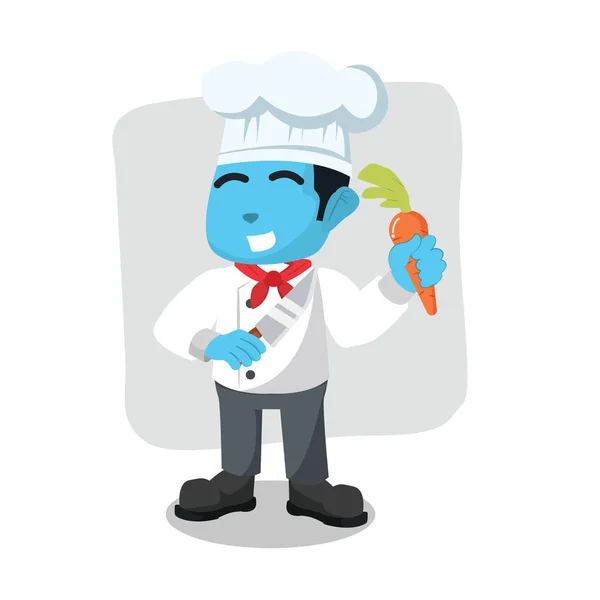 Chef Azul Segurando Cenoura Faca Cozinha — Vetor de Stock
