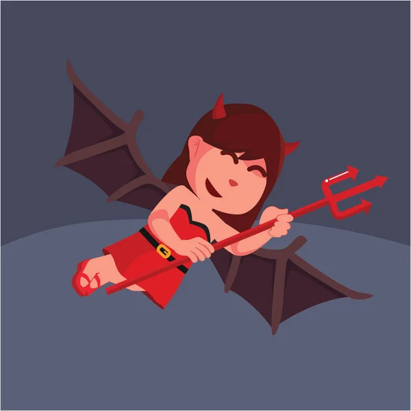 Rode Duivel Meisje Vliegen Met Trident Wapen — Stockvector