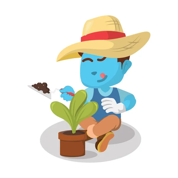 Blauwe Jongen Plantaardige Tuinieren — Stockvector