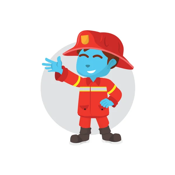 Bombero Chico Azul Agitando Mano — Vector de stock