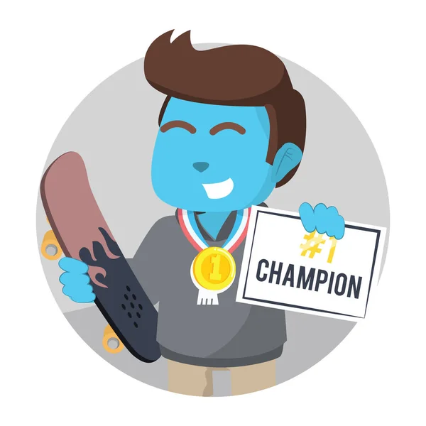 Bleu Patineur Garçon Champion Obtenir Certificat Médaille — Image vectorielle