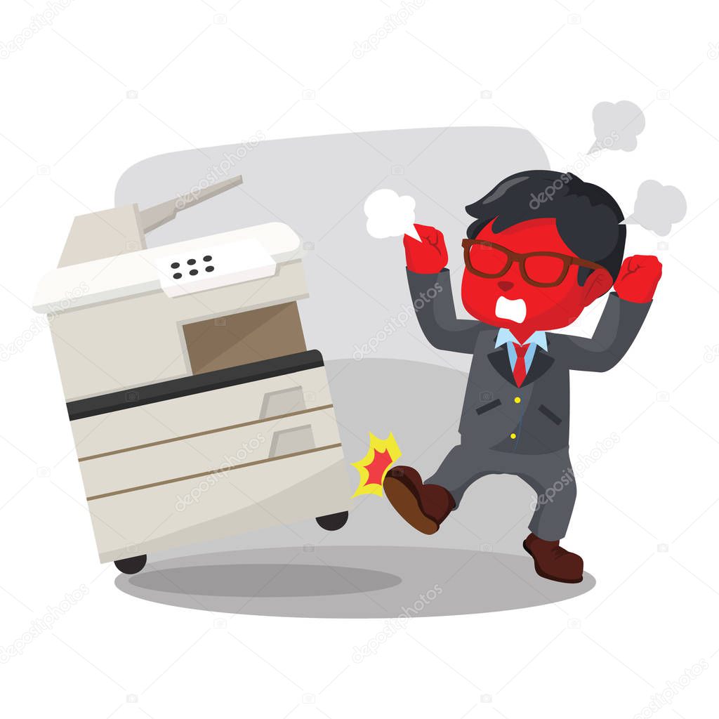 blue businessman angry kicking photocopy machine