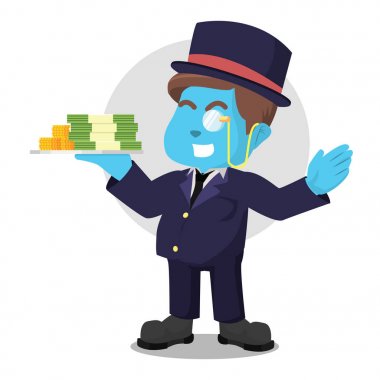 blue fat rich man holding stack of money clipart