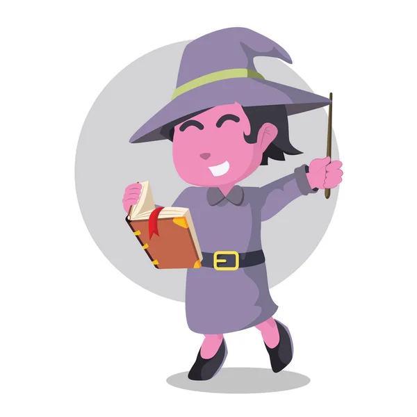 Pink Witch Holding Tome Wand — Stock Vector
