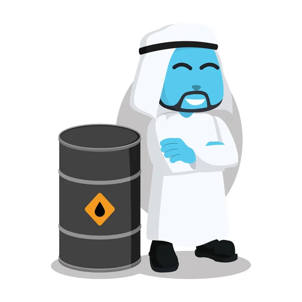 油のバレルの横に立っている青いアラビアの実業家 — ストックベクタ