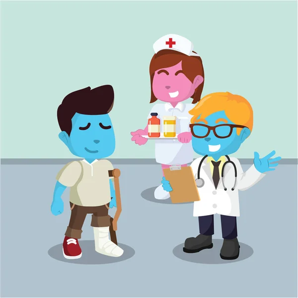 Homme Bleu Avec Jambe Cassée Consulter Médecin — Image vectorielle