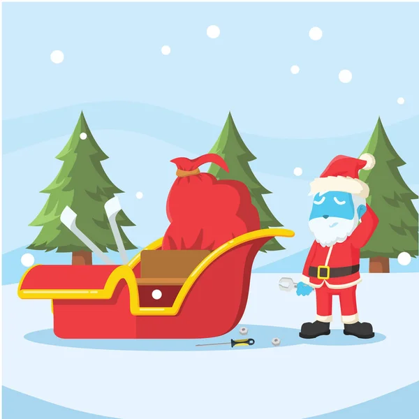 蓝色圣诞老人修理他的雪橇 — 图库矢量图片