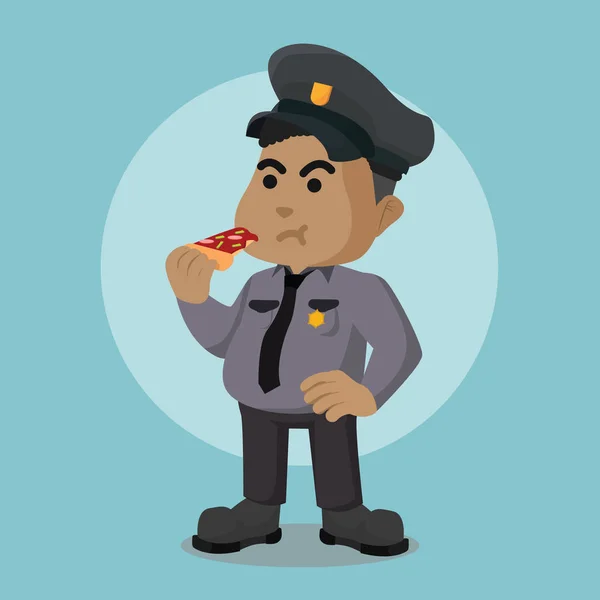 Africano Grasa Policía Oficial Comer Pizza — Vector de stock