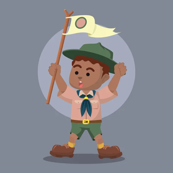 Menino Africano Scout Segurando Pólo Gritando — Vetor de Stock