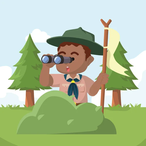 Africano Boy Scout Detrás Arbusto Con Binocular — Archivo Imágenes Vectoriales