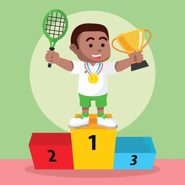 African Boy Tennis Player Won Medal Trophy — Stock Vector