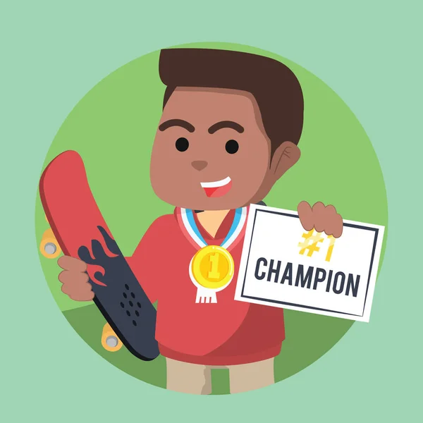 Africain Patineur Garçon Champion Obtenir Certificat Une Médaille — Image vectorielle