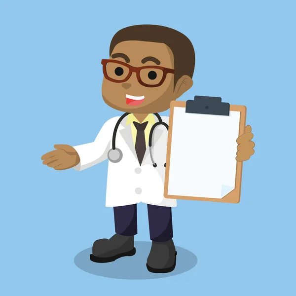 Africano Niño Doctor Holding Portapapeles — Vector de stock