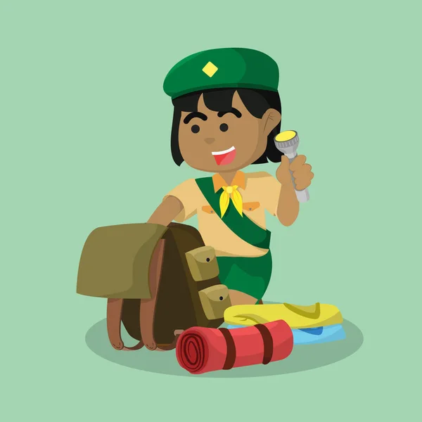 Africano Chica Scout Embalaje Equipo — Vector de stock