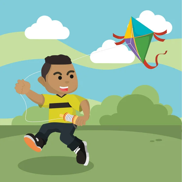 African Boy Playing Kite Park — Stock Vector