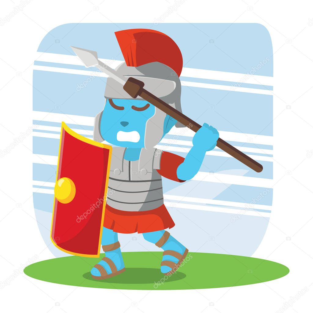 blue roman soldier taking spear for throwing