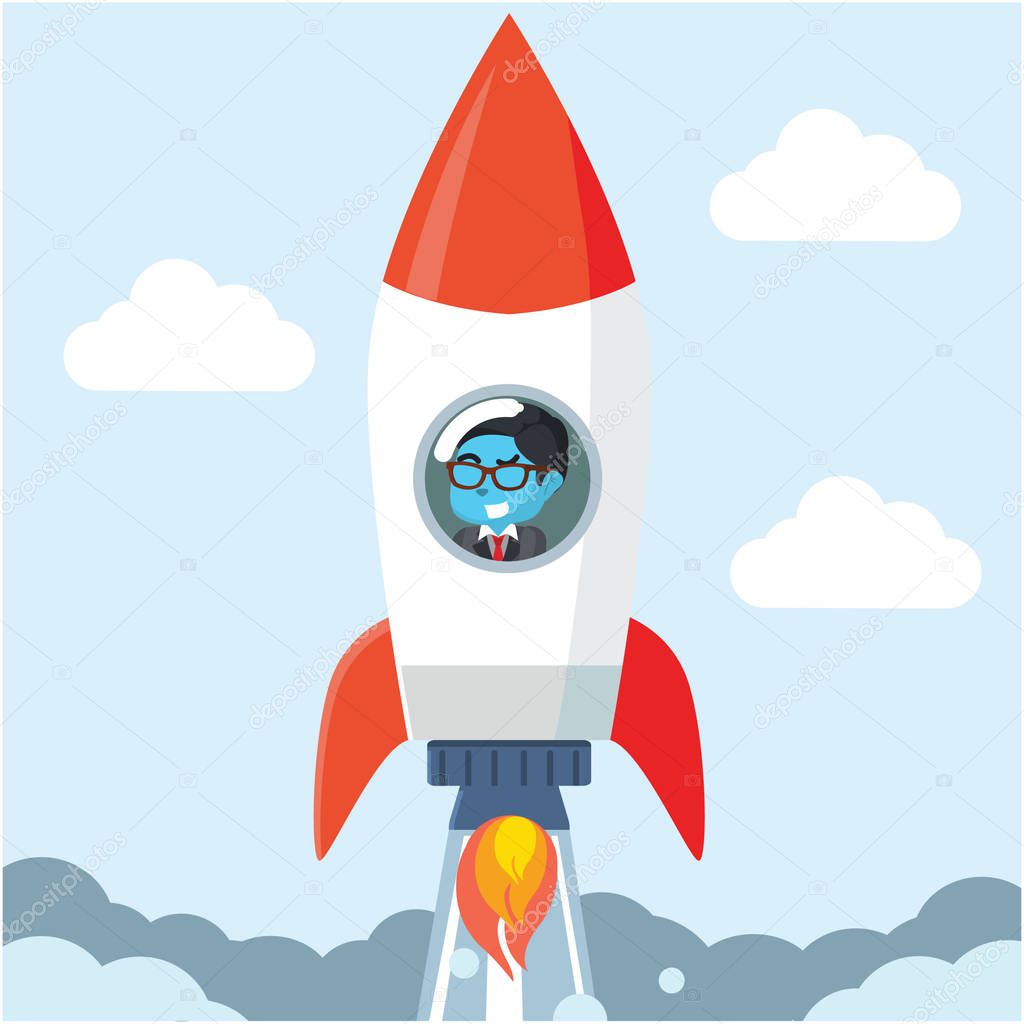 blue businessman in a rocket in the launch startup