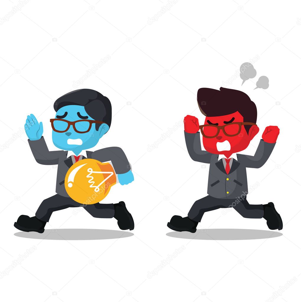 blue businessman stealling idea from other red businessman