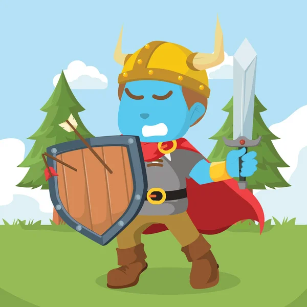 Modrá Viking Drží Štít Meč — Stockový vektor