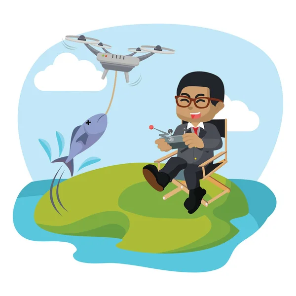 African Businessman Using Drone Catch Fish — Stock Vector