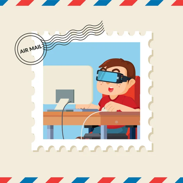 Geek Boy Sello Postal Sobre Correo Aéreo — Vector de stock