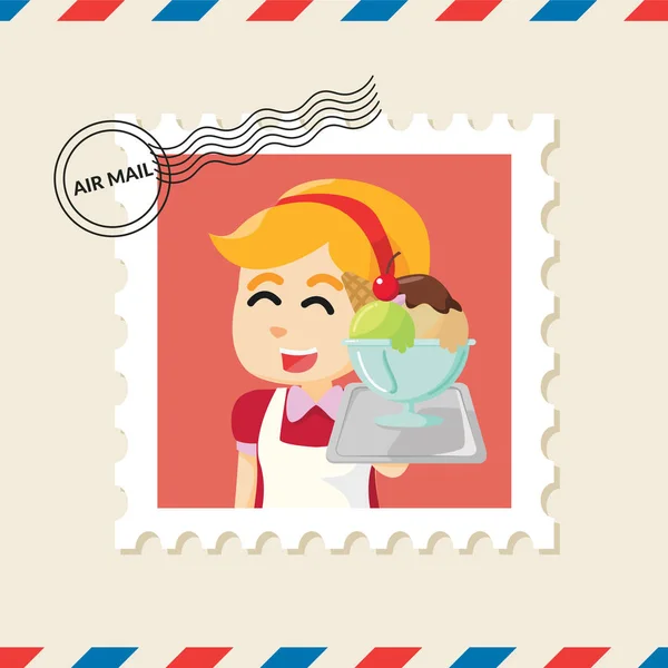 冰淇淋女服务员邮票上的航空邮件信封 — 图库矢量图片