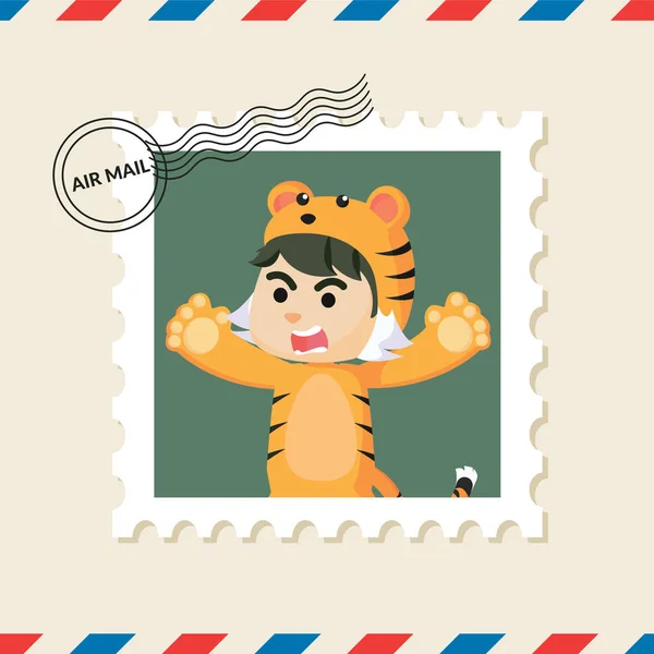 在航空邮件信封上的老虎男孩邮票 — 图库矢量图片