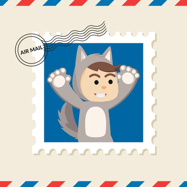 Λύκος Αγόρι Γραμματόσημο Στον Φάκελο Αλληλογραφίας Αέρα — Διανυσματικό Αρχείο
