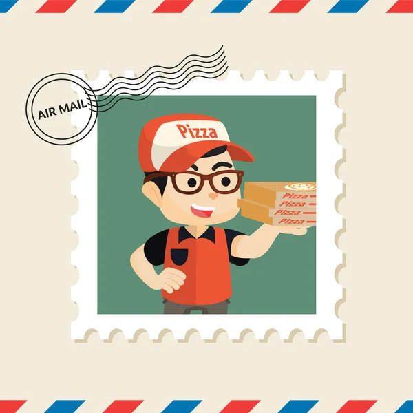 Pizza Delivery Boy Postzegel Lucht Mail Envelop — Stockvector