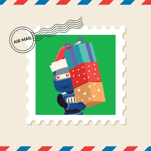 Sello Postal Robot Navidad Sobre Correo Aéreo — Vector de stock