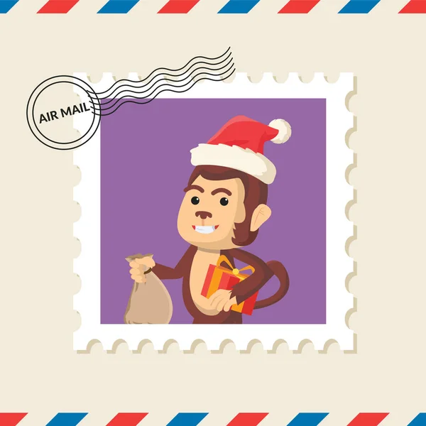 Kerst Aap Postzegel Lucht Mail Envelop — Stockvector