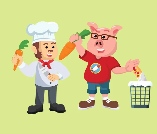 Chef Cerdos Comen Zanahorias Vector Ilustración — Vector de stock