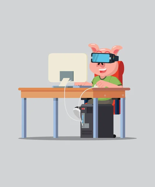 Fat Pig Nerd Playing Games Vector Illustration — 스톡 벡터