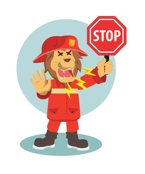 Lion Firefighter Stop Warning Vector Illustration — Stock Vector