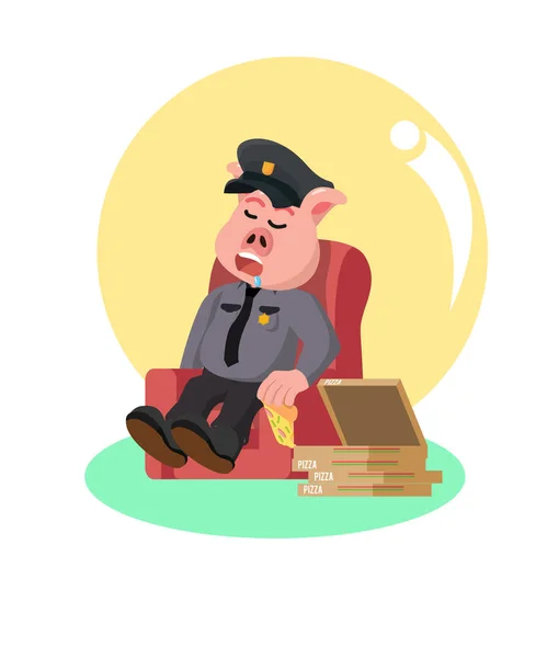 Police Porc Dormir Dans Canapé Après Avoir Mangé Pizza — Image vectorielle