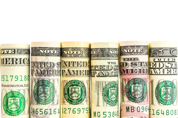 Rolls of american dollar banknotes in one row — Stock Photo, Image