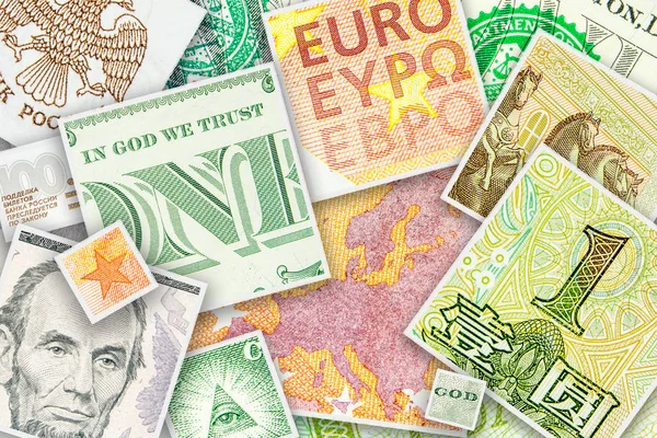 Four main world currencies banknotes in square collage — Stock Photo, Image
