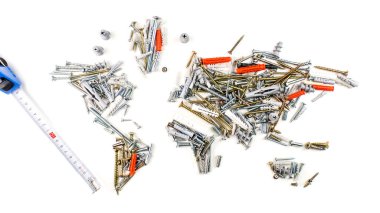 Dünya Haritası vidalar, bağlantı elemanları ve diğer mekanik yapılmış 