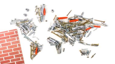 Dünya Haritası vidalar, bağlantı elemanları ve diğer mekanik yapılmış 