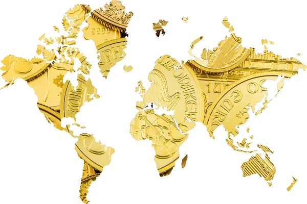 Doppia esposizione con mappa del mondo e monete d'oro come sfondo — Foto Stock