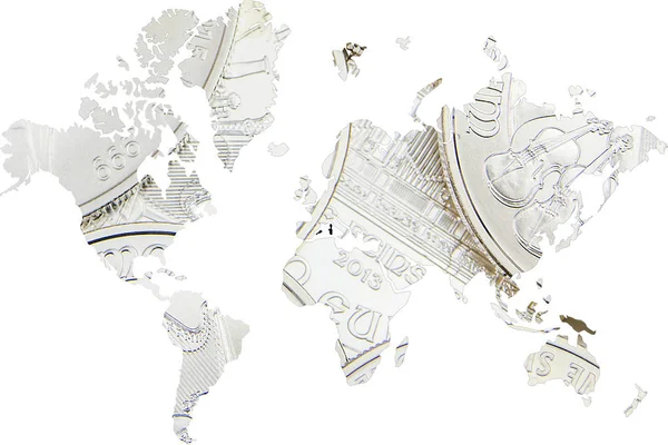 Doppia esposizione con le monete d'argento mappa del mondo come sfondo — Foto Stock